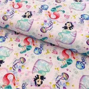 Bavlnená látka Snoozy fabrics Mermaids pink digital print - rusko -  klobukova guma -  strih na rusko -  navod na rusko -  navod na usitie ruska -  latka na ruska -  guma na ruska -  gumicka na rusko -  bavlnena latka na ruska -  rusko s gumickou -