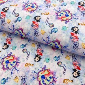 Bavlnená látka Snoozy fabrics Mermaids violet digital print - rusko -  klobukova guma -  strih na rusko -  navod na rusko -  navod na usitie ruska -  latka na ruska -  guma na ruska -  gumicka na rusko -  bavlnena latka na ruska -  rusko s gumickou -